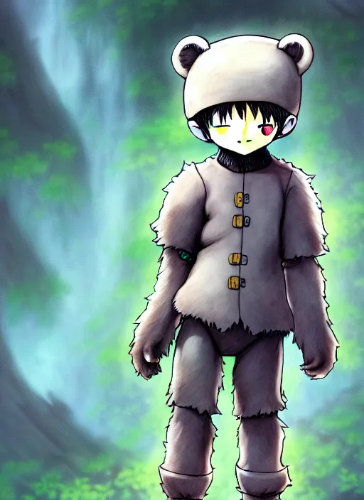 Image similar to beautiful little boy wearing an cyborg bear suit, artwork in kentaro miura and made in abyss and rosdraws, smooth, beautiful lightness, anatomically correct, trending on pixiv, forest