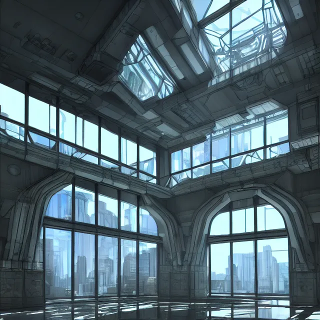 Prompt: halo 3 building interior, high ceilings, tall windows, glass floors, bright interior, beautiful lighting, realistic digital art, intricate details, trending on artstation, deviantart featured