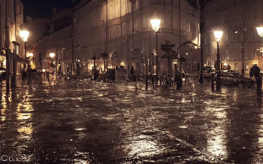 Image similar to wet helsinki street at night, in the style of grand theft auto gameplay