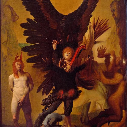 Prompt: a demonic eagle-eyed faun Jan Van eyck john steuart curry