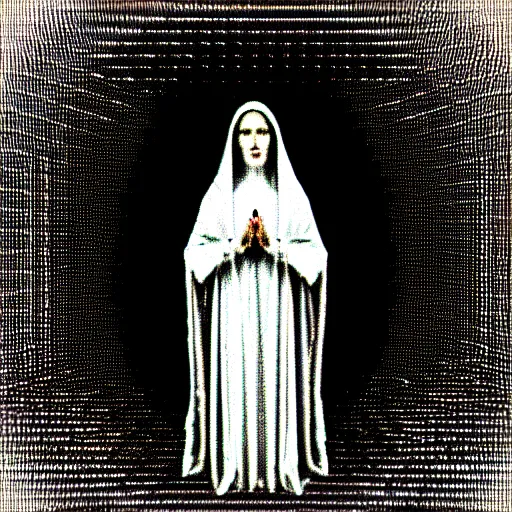 Image similar to vhs static overlay of marian apparition, vhs, 1 9 9 0, highly realistic, highly detailed, vhs noise static, black and white, vhs glitch