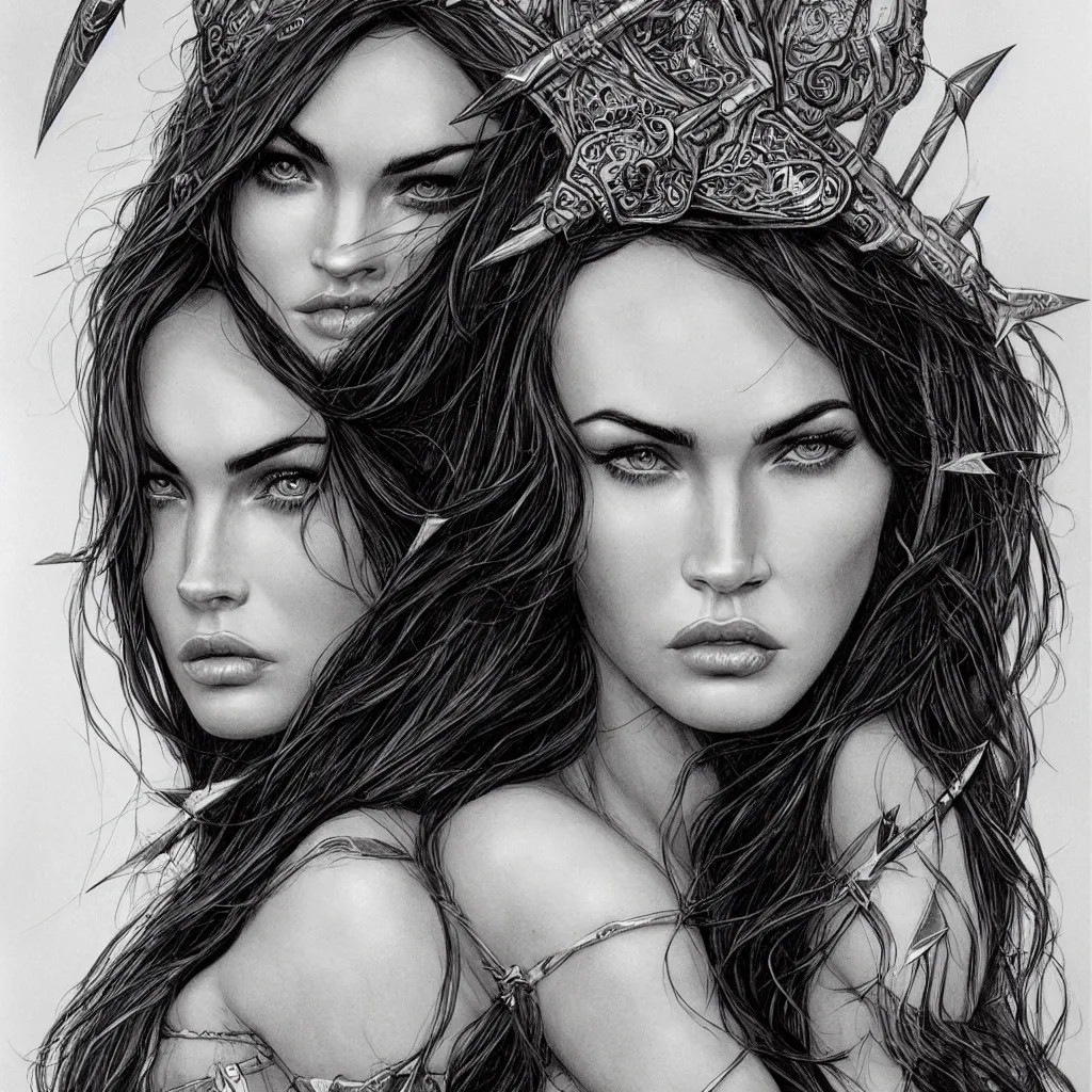 Image similar to portrait of beautiful megan fox as greek goddess aphrodite, archer, arrow on the head, beautiful piercing eyes, flowing blonde hair, realistic face, black and white drawing, in the style of greg rutkowski, fantasy, amazing detail, epic, intricate, elegant, smooth, sharp focus