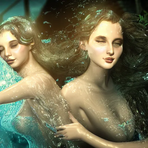 Prompt: two women under water holding hands, photo realistic, intricate details, flowing dresses and hair, volumetric lighting