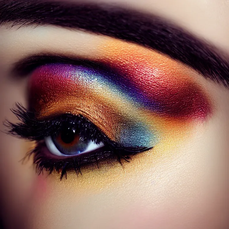 Prompt: amazing closeup of brown eye with beautiful colorful make up by Sir John, Pat McGrath, perfect colorful eyeshadows, 50mm portrait, beautiful detailed intricate insanely detailed octane render trending on Artstation, 8K artistic photography, photorealistic, dramatic volumetric cinematic perfect light, chiaroscuro, award-winning photograph, masterpiece, Raphael, Caravaggio, harsh flash photography