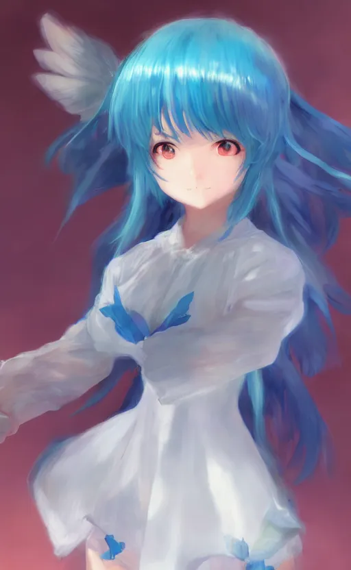 Image similar to A beautiful anime-style digital full-body portrait of Cirno, by Stanley Artgerm Lau, WLOP, Rossdraws, LeraPi, and Sakimichan, trending on ArtStation, deviantart, SFW version