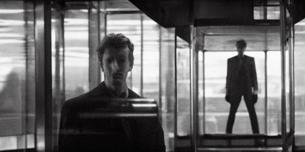 Prompt: a man in a glass elevator, cinematic, 8 5 mm lens, vintage future, neo noir, anamorphic lens, cinematography by roger deakins