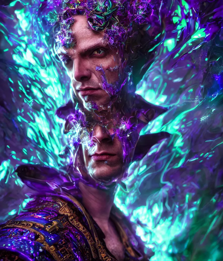 Image similar to impressive entrancing front!! shot photo of a court jester character fine portrait fine portrait mesmerizing caustics hyper cubes platinum cracked dark future hyper dimensional space galactic crystal nebula edges elegant detailed intricate concept artstation sharp focus ray tracing cinematic masterpiece temporal corruption beeple wlop germ 8 4 k scifi glossy hyper realistic illustration canon eos r 3 fujifilm x - t 3 0 sony alpha