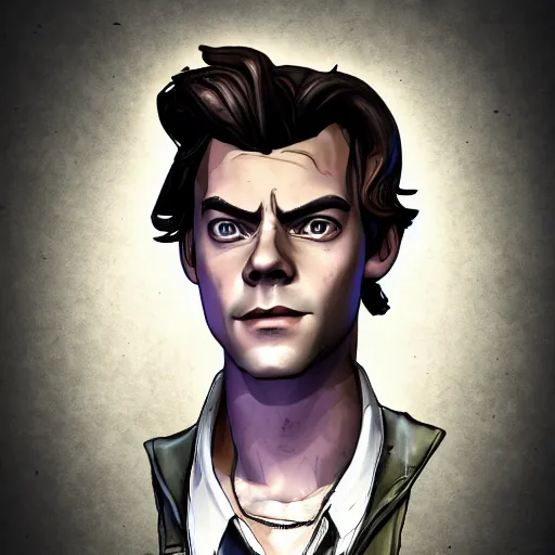 Prompt: harry styles portrait, borderlands, tales from the borderlands, the wolf among us, comic, cinematic lighting, studio quality, 8 k