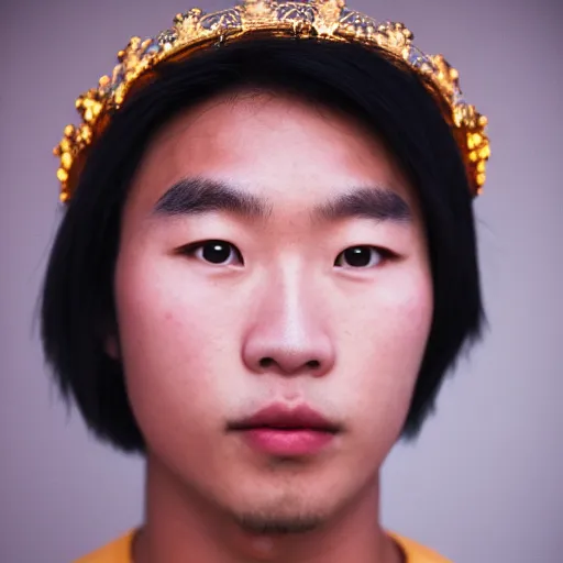 Image similar to Portrait of a handsome asian young man wearing a crown and jewelry, fashion, cinematic lighting, captured in low light, sharp focus, detailed, cinestill 800t