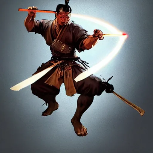 Image similar to samurai by frank frazetta, wielding a glowing magical katana, dynamic pose, eastern influences, fantasy, very detailed, dungeons & dragons, sharp focus, striking, artstation contest winner, detailed