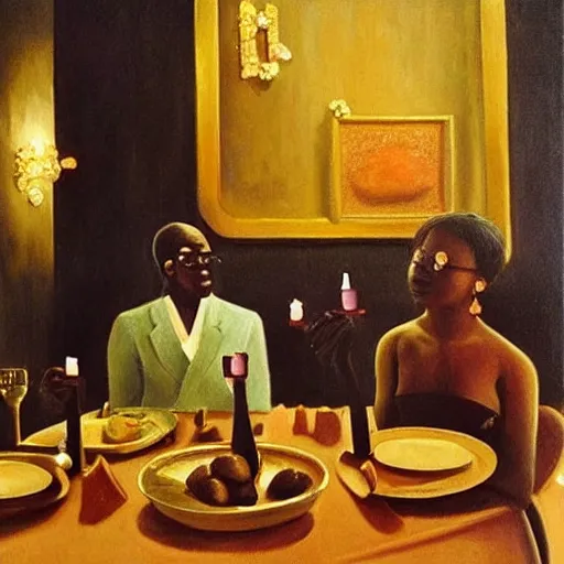 Prompt: dark skinned people eating at a regal buffet ultra detailed beautiful setting elegant event nigerian party minimalist gold ornaments iridescent lighting glamour in the style of edward hooper and henri matisse oil painting