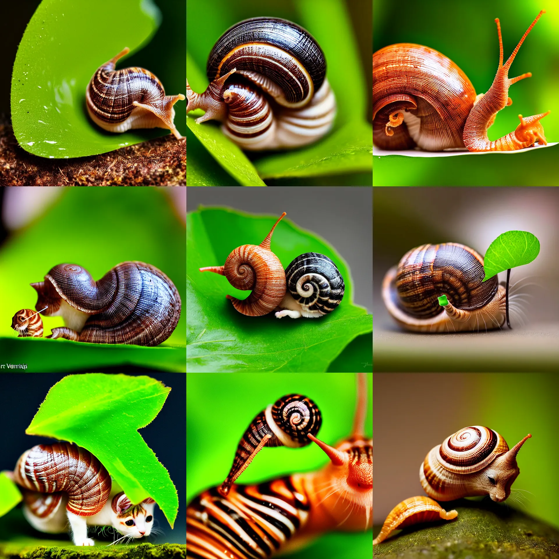 Prompt: snail - kitten eating a small leaf, medium shot, radiant slime trail, vibrant, by johannes vermeers, photorealistic, anamorphic lens