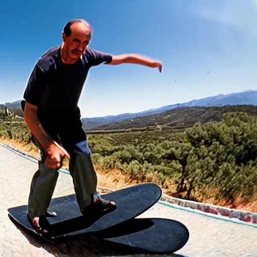 Prompt: francisco franco doing skatboard in el valle de los caidos ( spain )