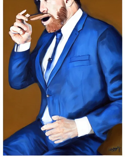 Image similar to Hyper realistic oil portrait of a man in his thirties smoking a cigar, dressed in a blue suit, by Mosh Art, trending on artstation