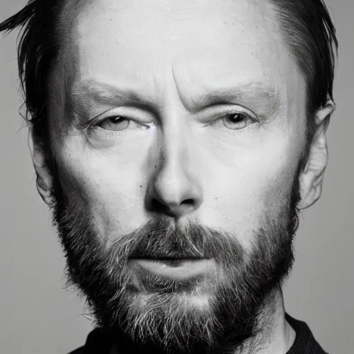 Image similar to Thom Yorke, a man with a beard and a black jacket, a portrait by John E. Berninger, dribble, neo-expressionism, uhd image, studio portrait, 1990s