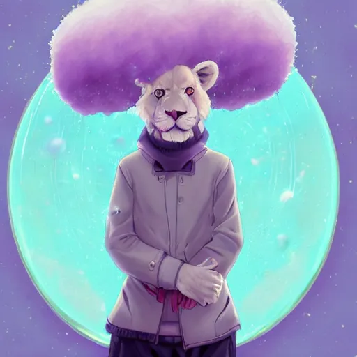 Prompt: aesthetic portrait commission of a albino male furry anthro lion under a lavender bubble filled while wearing a cute mint colored cozy soft pastel winter outfit with pearls on it, winter atmosphere. character design by artgerm, and makoto shinkai, detailed, inked, western comic book art, 2 0 2 0 award winning painting