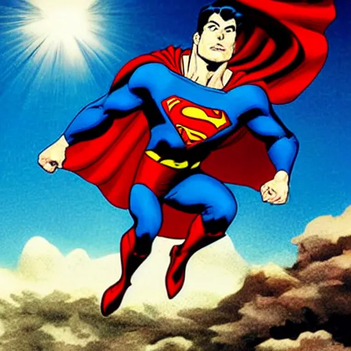 Image similar to Superman flying into the sun, illustration by Rob Liefeld