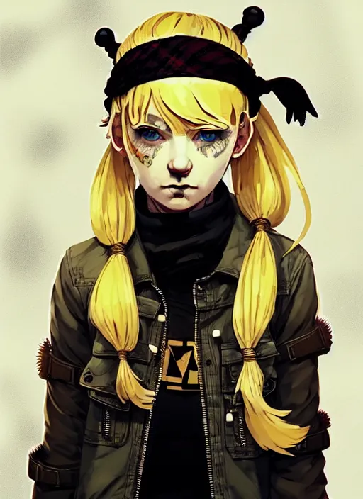 Image similar to highly detailed closeup portrait of a sewer punk pretty swedish female road warrior student, tartan garment, blonde hair pigtails with headband by atey ghailan, by greg rutkowski, by greg tocchini, by james gilleard, by joe fenton, by kaethe butcher, gradient yellow, black, brown and white color scheme, grunge aesthetic!!! white graffiti tag wall background