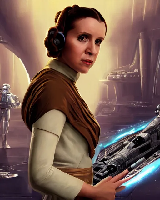 Image similar to portrait of young princess leia on the millennium falcon, star wars, gta v, hyper realistic, glamorous pose, ambient lighting, concept art, intricate, hyper detailed, smooth, action, volumetric lighting, george lucas, arney fretag, ralph mcquarrie, octane