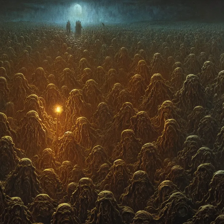 Image similar to a cinematic scene from the human soldiers fleeing cthulhu, lovecraft, concept art by beksinski and jean delville, dramatic lighting, ultra hd, hdr, 8 k