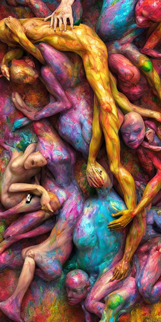 Prompt: closeup photograph of a surrealist sculpture human bodies intertwined, a lovely cornucopia of flowers and human body parts, body parts, paint pour, swirling paint, muted color palette, skin tones, highly detailed, octane render, cinematic