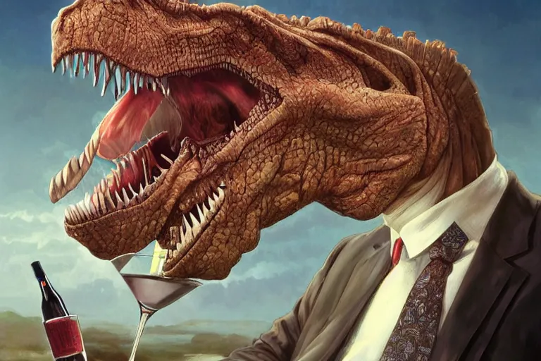 Prompt: portrait painting of a tyranosaurus rex wearing a tie and drinking a martini, ultra realistic, concept art, intricate details, serious, highly detailed, photorealistic, octane render, 8 k, unreal engine. art by artgerm and greg rutkowski and alphonse mucha