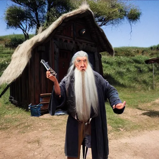 Prompt: cool gandalf with a ghettoblaster and sunglasses infront of bilbos hut in the shire