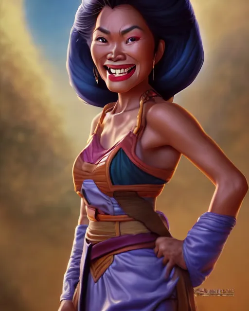 Image similar to grinning heavy filipina woman character portrait, by don bluth, sci - fi environment, highly detailed, dynamic shadows, 4 k, wallpaper - 1 0 2 4