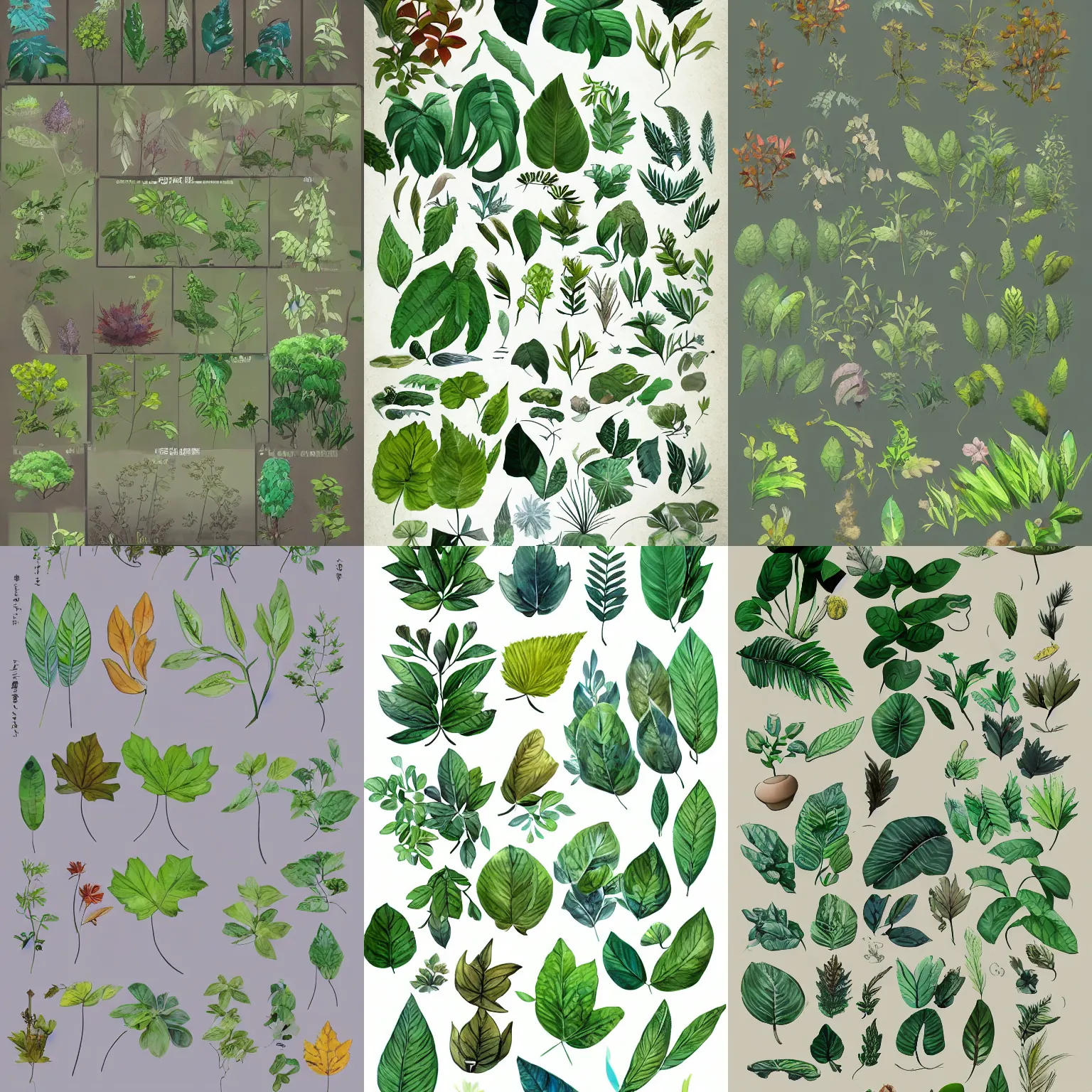 Prompt: asset sheet of many beautiful handpainted leaves, small plants, vegetation and foliage concepts, hand painted, in the style of studio ghibli and makoto shinkai