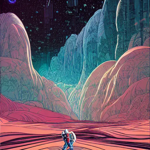 Image similar to !dream Stunningly intricate illustration of a scared astronaut explorer running trough a plain valley of planet Mars trough 3 columns of white neon light of infinite height, highly detailed, midnight, by Victo Ngai and James Gilleard , Moebius, Laurie Greasley