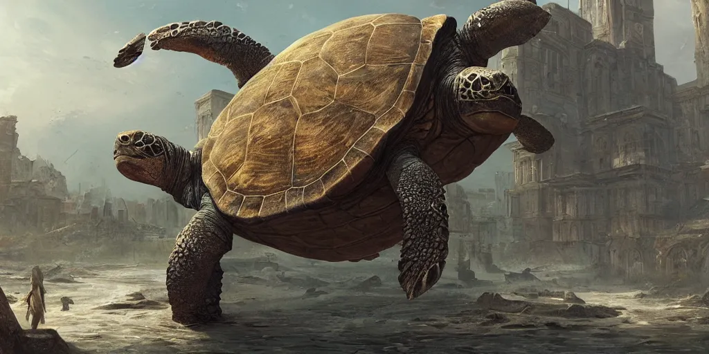 Image similar to huge ancient turtle with an abandoned city on its back, greg rutkowski, 8 k, shallow depth of field, intricate detail, concept art,
