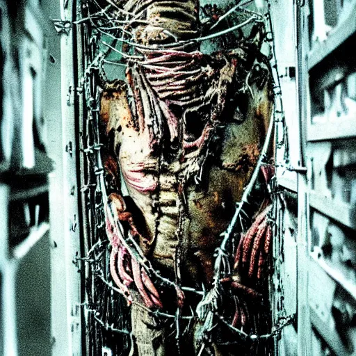 Image similar to “ugly filthy gross fleshy raw meat insectoid cybernetic mummy knight wrapped in barbed wire standing in a filthy dirty small server room covered with graffiti, garbage and networking cables. David Cronenberg. Body horror style. 35mm.”