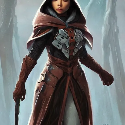 Image similar to a brown skinned asian woman in destiny hunter armor, wearing a hooded cloak, beautiful face!!!!, blue eyes, brown hair in a bob, 2 7 years old, cg animation, realistic, character select portrait, by artgerm, greg rutkowski, alphonse mucha, 3 d