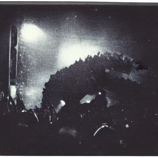 Image similar to polaroid photo of godzilla dancing in nightclub