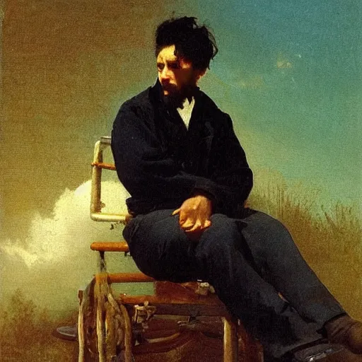 Prompt: a sullen man with black hair and a teal shirt sitting on the back of a cart, by Albert Bierstadt