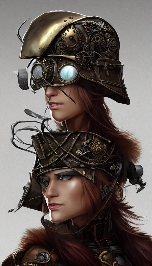 Image similar to steampunk helmet, female warrior, sharp focus, moebius, game art