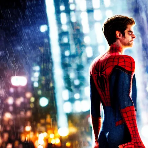 Image similar to photograph of andrew garfield spider - man, cinematic, photorealistic, city, night, rain