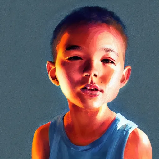 Image similar to kid with big head, digital painting, beautiful lighting