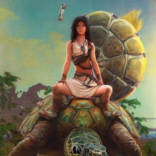 Image similar to a little warrior girl sitting on top of a giant turtle that is walking in the desert, seen from a distance. the girl is fully visible and has dark skin and beautiful green eyes, realistic full body and a very beautiful detailed face with long black hair. diffuse light, dramatic sky and landscape, fantasy illustration by mucha h 7 6 8