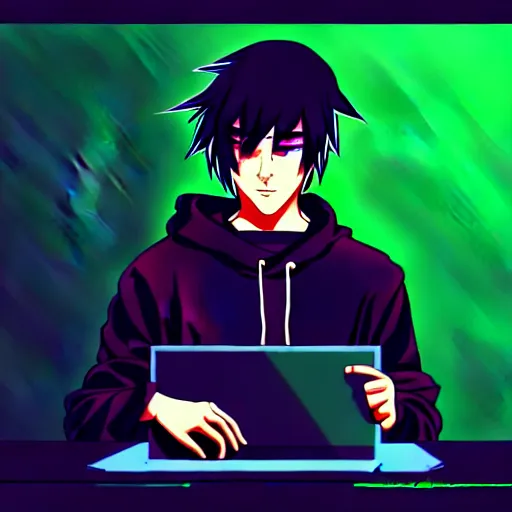 Prompt: a cyberpunk teenager boy with a black hoodie sitting behind his laptop and programming, digital art, anime style, trending on Artstation