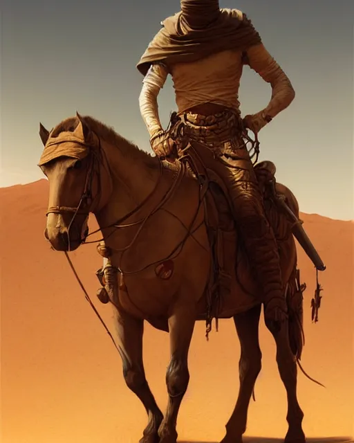 Prompt: male desert stalker, lonely rider, covered head | | realistic shaded, fine details, realistic shaded lighting poster by greg rutkowski, diego gisbert llorens, magali villeneuve, artgerm, jeremy lipkin and rob rey