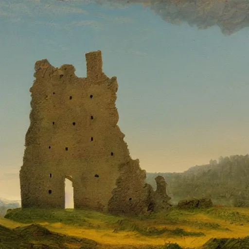 Image similar to a painting of a ruined castle, in the style of caspar david friedrich