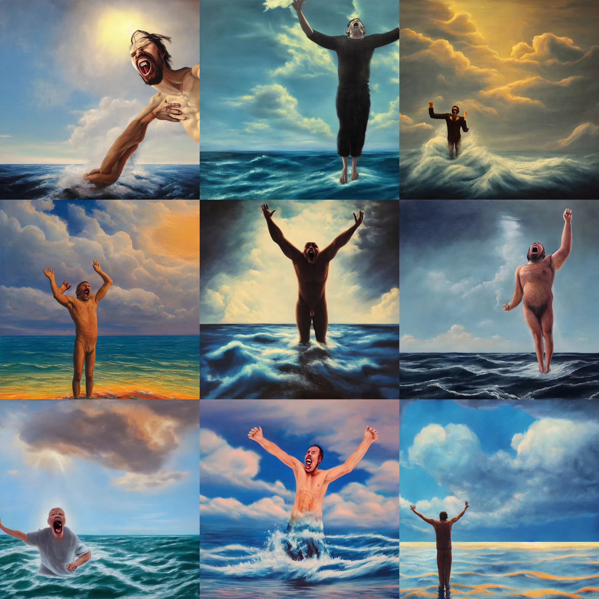 Prompt: surreal painting of a screaming man standing in the middle of the sea, his arms held by fluffy clouds stretching up to the sky, dramatic lighting