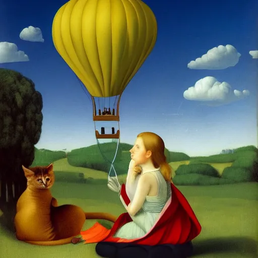 Image similar to a girl and her cat enjoying a hot-air-balloon ride by Raphael, Hopper, and Rene Magritte. detailed, romantic, enchanting, trending on artstation.