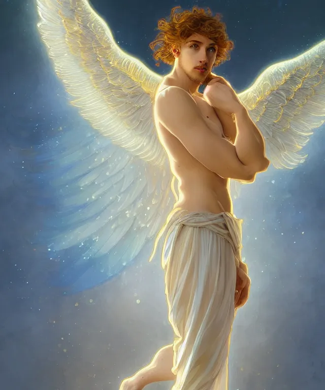 Image similar to symmetrical fullbody portrait of a beautiful young fit male angel with curly blond hairs, dressed in long fluent clothes, majestic big dove wings, luminous halo, by greg rutkowski and alphonse mucha, gradient white to gold, in front of an iridescent background, highly detailed portrait, digital painting, artstation, concept art, smooth, sharp focus illustration