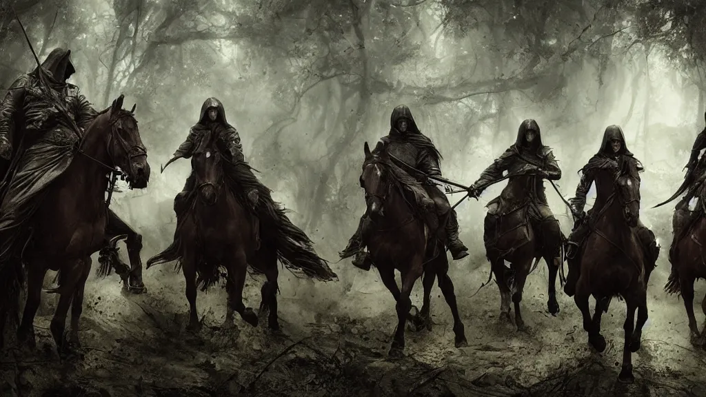 Image similar to dark riders on horse, forest, Nazgûl, lord of the rings digital art by Ruan Jia, Rudolf Béres, James Zapata, Jamey Jones