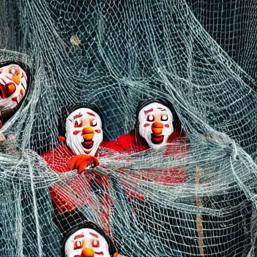 Prompt: photo of clowns trapped upside-down in a fishing net