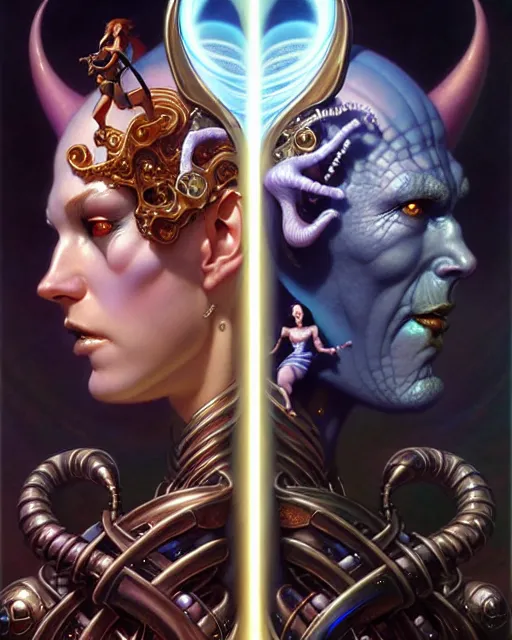 Image similar to beautiful gemini good and evil fantasy character portrait, ultra realistic, wide angle, intricate details, the fifth element artifacts, highly detailed by peter mohrbacher, hajime sorayama, wayne barlowe, boris vallejo, aaron horkey, gaston bussiere, craig mullins