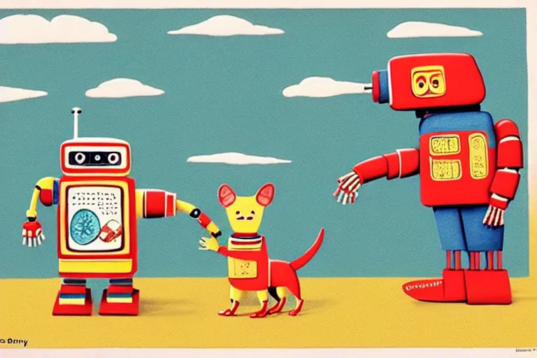 Image similar to ( ( ( ( ( ( ( a robot and a dog ) ) ) ) ) ) ) by richard scarry!!!!!!!!!!!!!! muted colors