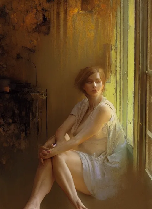 Image similar to a portrait of beautiful woman sitting on the floor, inside an old apartment, detailed oil painting, misty, ethereal, soft lighting, by craig mullins and alphonse mucha and jeremy mann